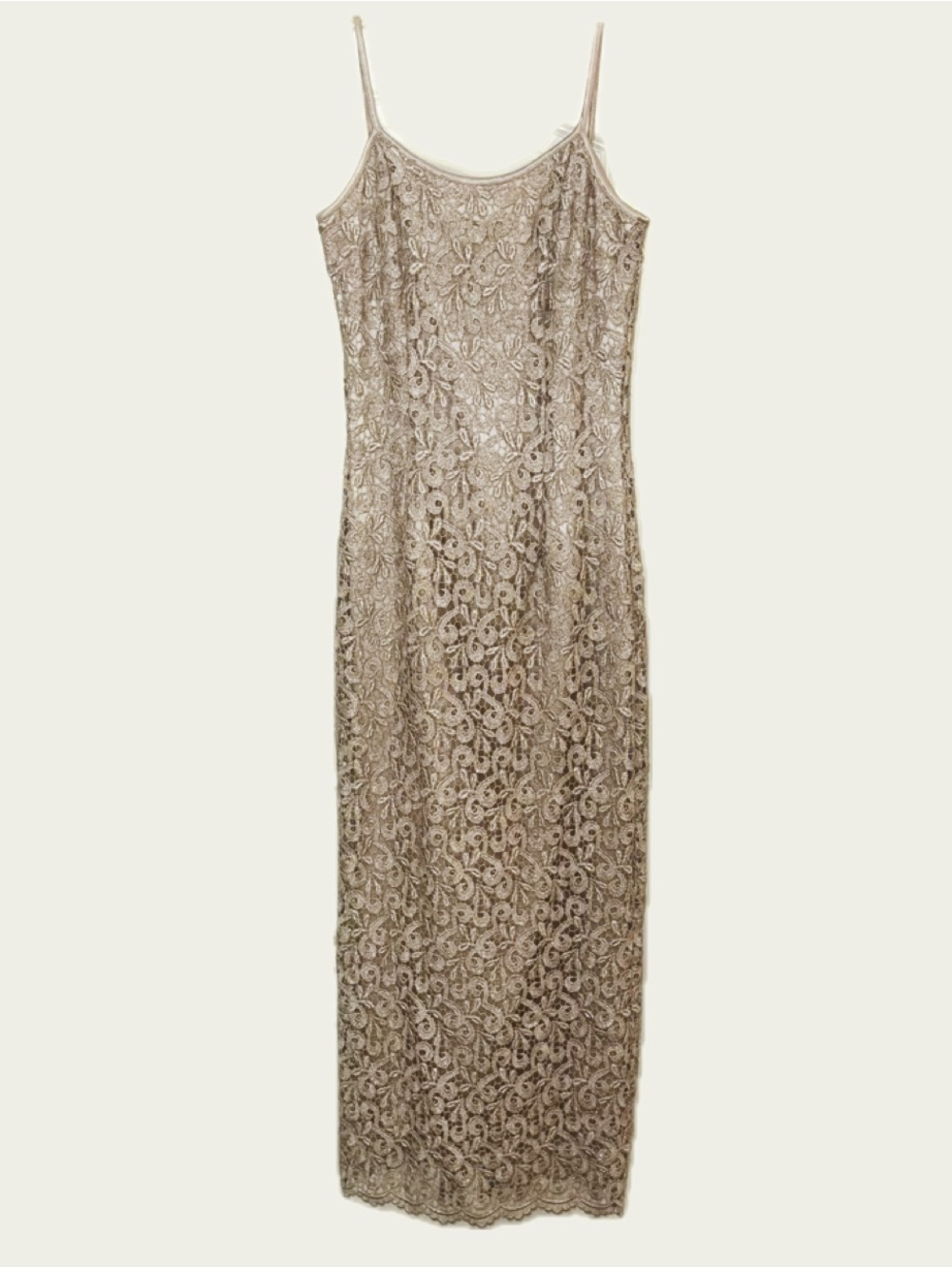 Spaghetti Strap Lace Formal Slip Dress in Champagne with Subtle Metallic Threads